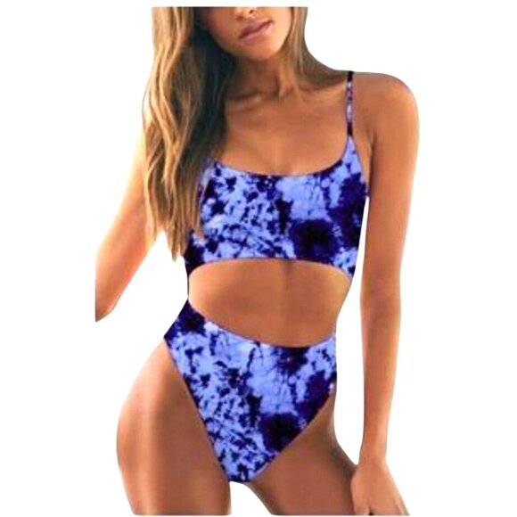 Meyeeka Womens XL Blue Tie-Dye Cut Out High Cut Lace Up Monokini 1 Pc Swimsuit - Picture 1 of 9